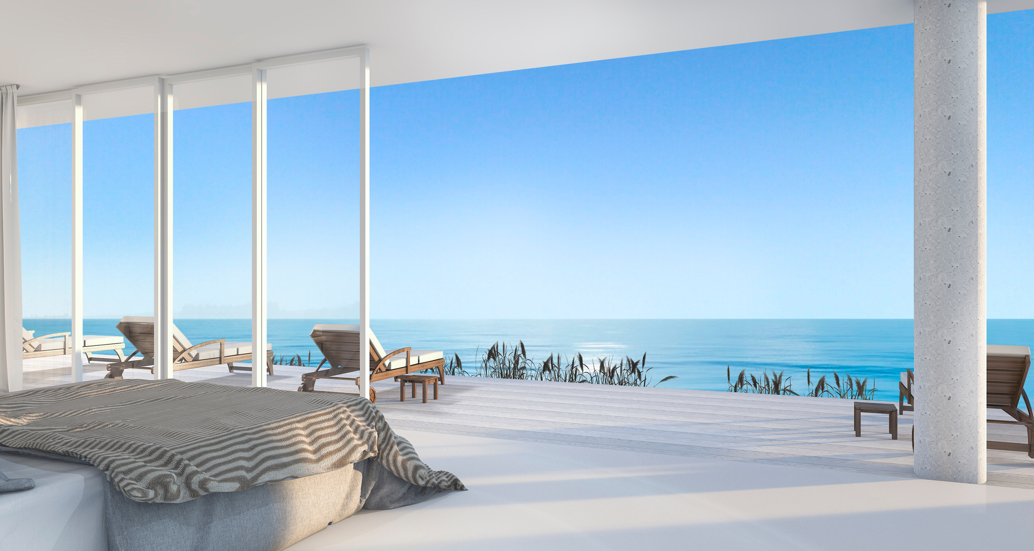 3d rendering luxury villa bedroom near beach with beautiful scene from window